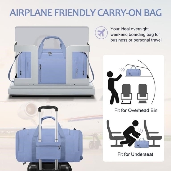 New 40L Carry On Travel Duffel Bag w Shoe Compartment & Luggage Sleeve - Blue - Picture 5 of 16